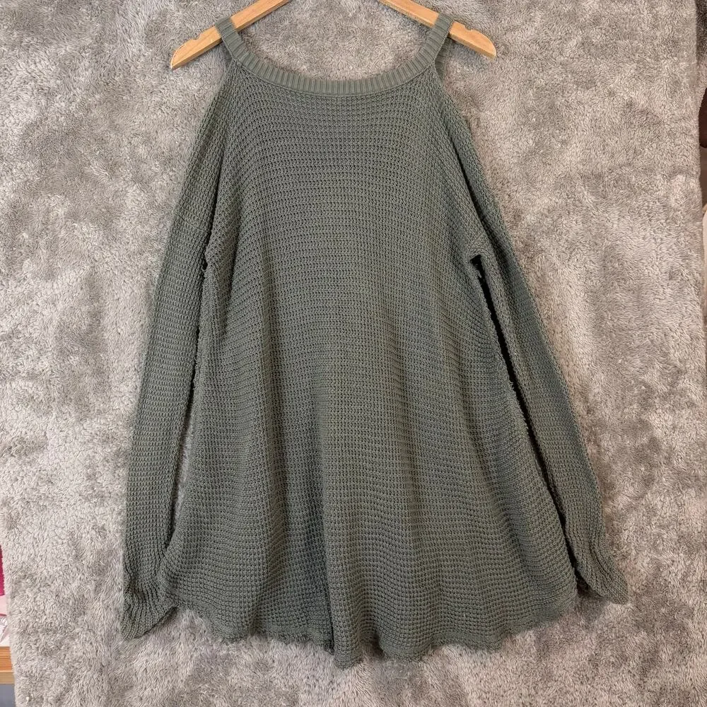 Free People Green Cotton Moonshine Cold Shoulder Boho Knit Sweater S Small
